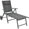 Gray patio reclining chaise lounge with adjustable neck pillow, breathable fabric, and heavy-duty aluminum frame for.