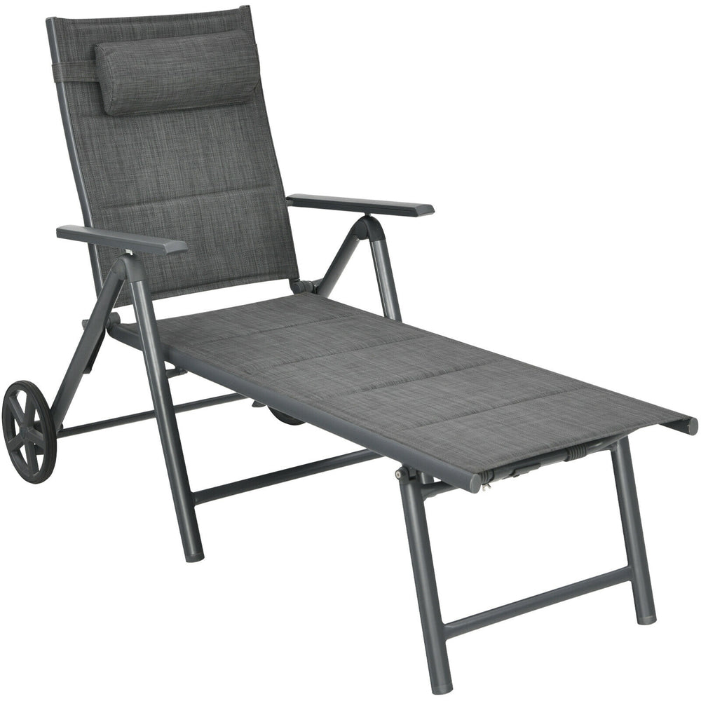 Gray patio reclining chaise lounge with adjustable neck pillow, breathable fabric, and heavy-duty aluminum frame for.