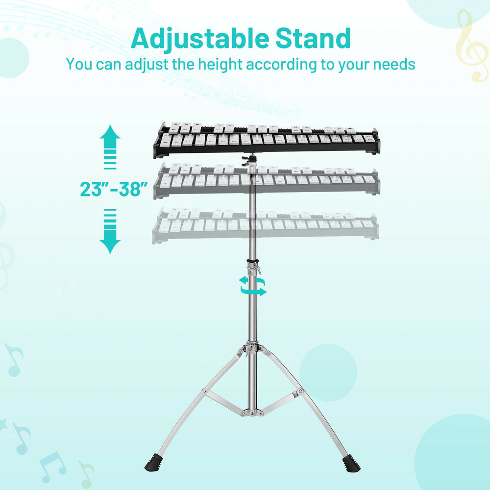 Adjustable stand for 32 Note Glockenspiel, height 23"-38", ideal for versatile percussion use in various settings.