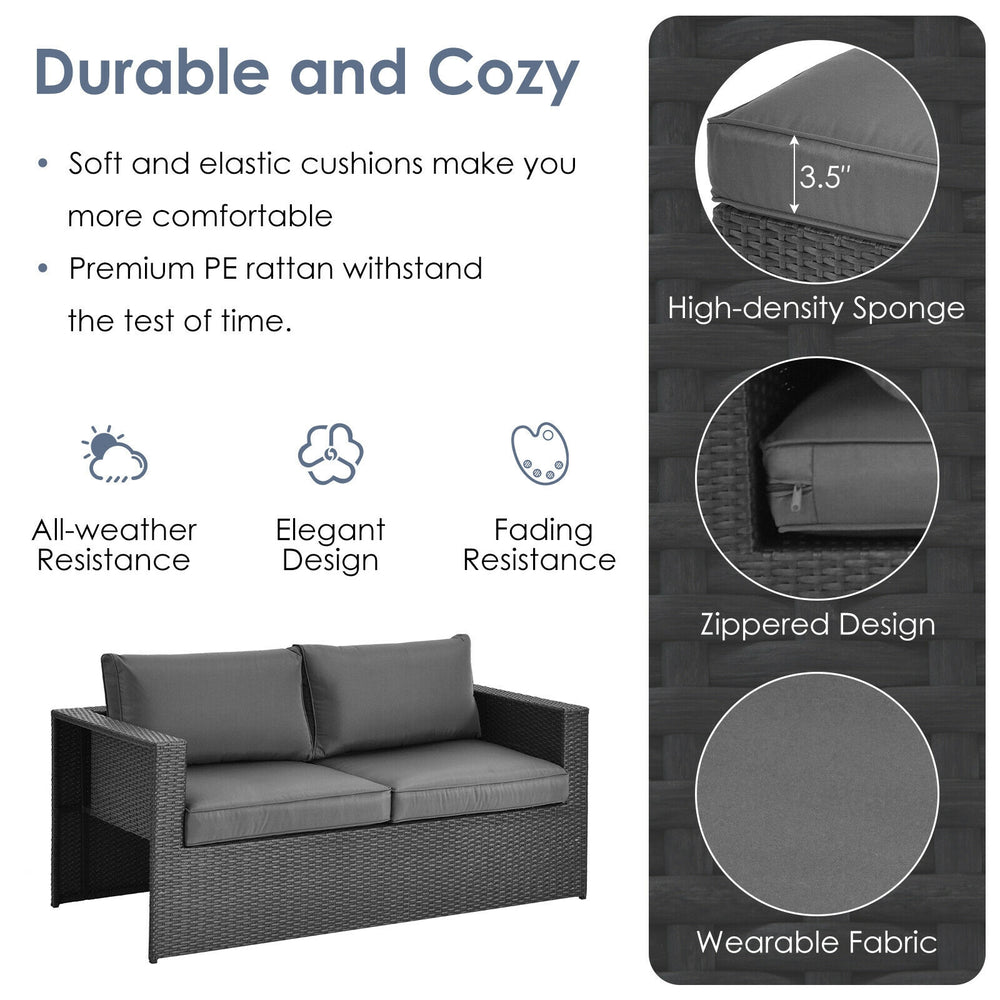 Loveseat from the 6-piece patio rattan furniture set in gray with cozy cushions, perfect for outdoor relaxation.