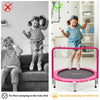 Kids jumping on a 36-inch pink trampoline with a padded handrail, designed for safe indoor and outdoor fun.
