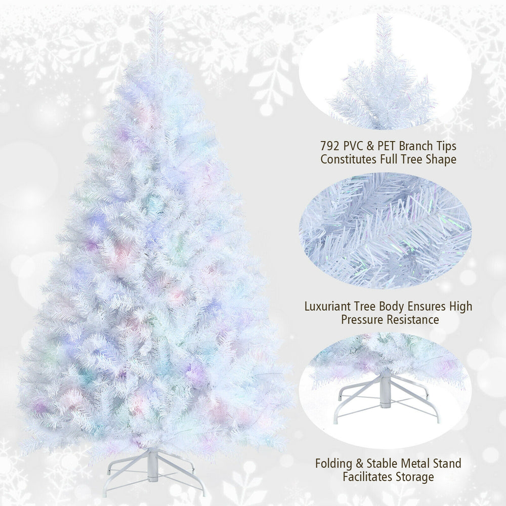 6-foot iridescent tinsel Christmas tree with 792 branch tips, featuring a stable folding metal stand for easy storage.
