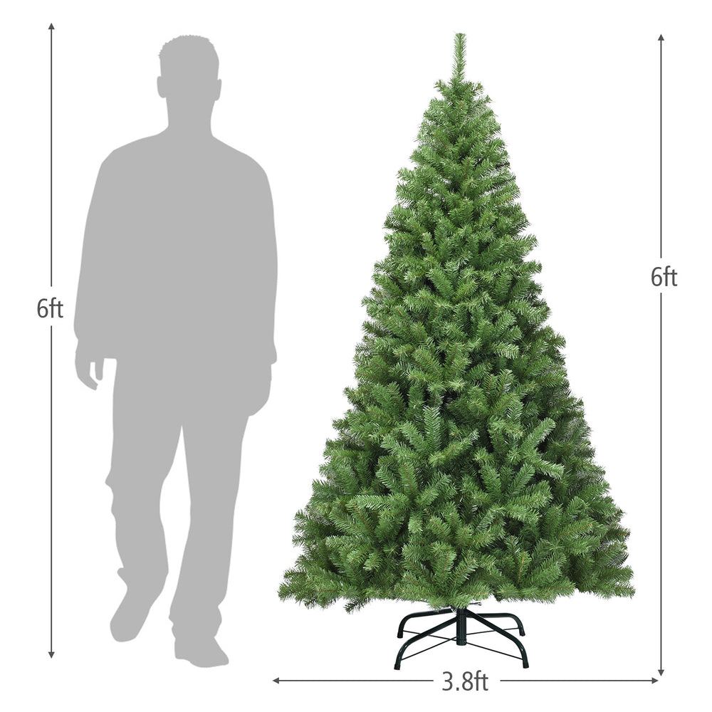 6 ft PVC artificial Christmas tree with 1346 tips and sturdy metal stand, perfect for indoor holiday decoration.