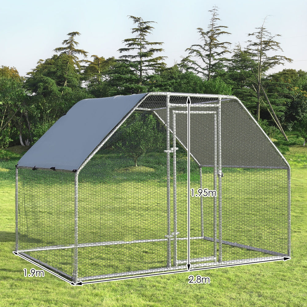 Large walk-in chicken run cage with galvanized steel frame, PVC coated mesh, and waterproof cover for outdoor use.