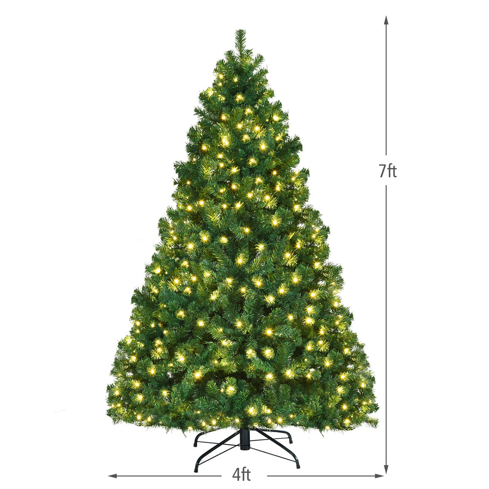 7-foot PVC artificial Christmas tree with pre-lit LED lights, featuring a sturdy iron base for indoor holiday.