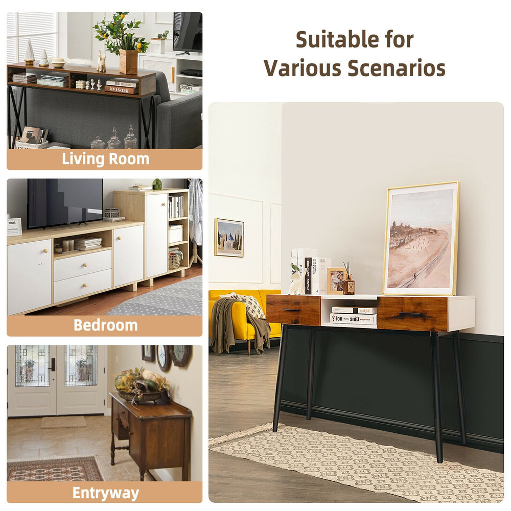 42-inch industrial console table with two drawers, suitable for entryway, living room, or bedroom storage and display.