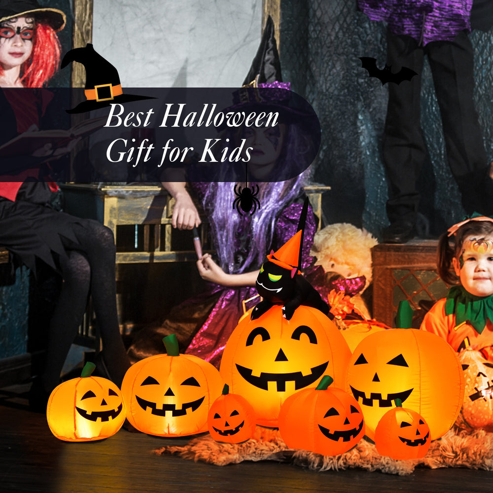 7.5 feet inflatable pumpkin combo with witch and black cat, featuring orange LED lights for Halloween outdoor.