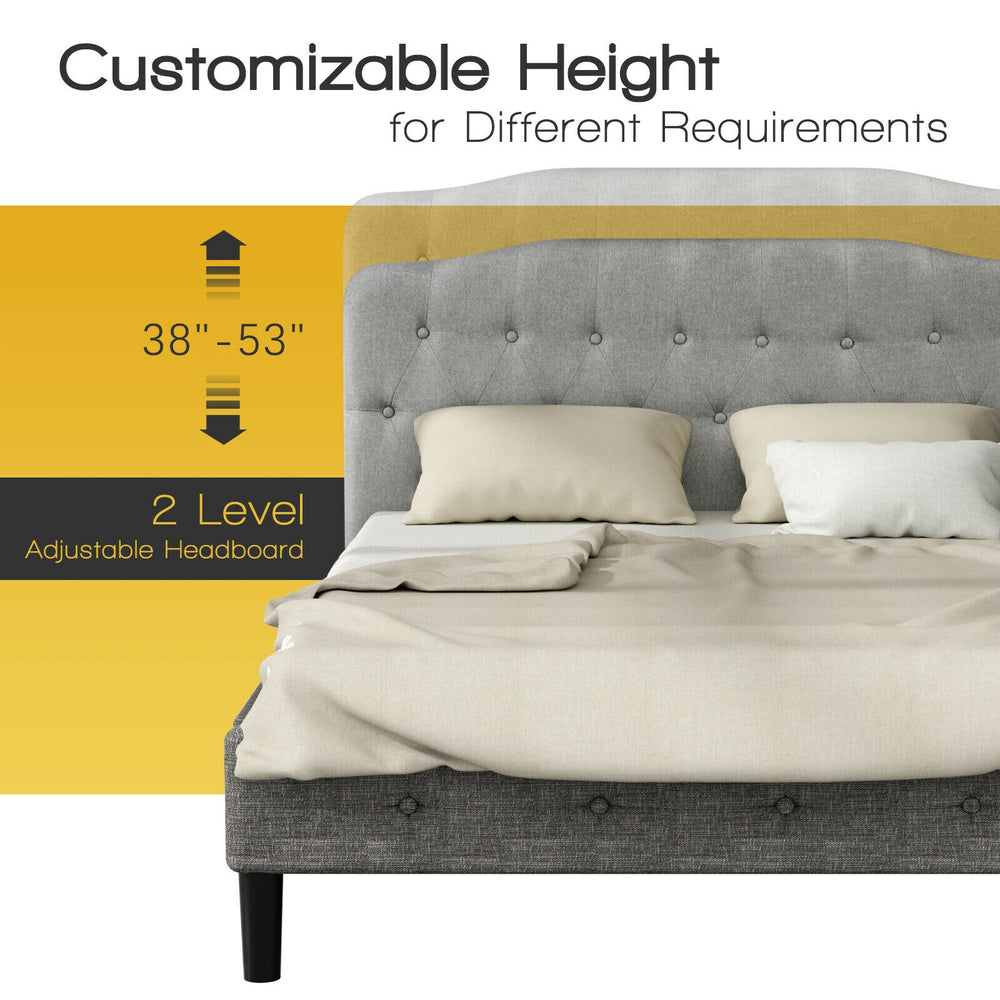 Queen upholstered headboard in light gray with adjustable heights of 38" to 53", featuring a stylish button design.