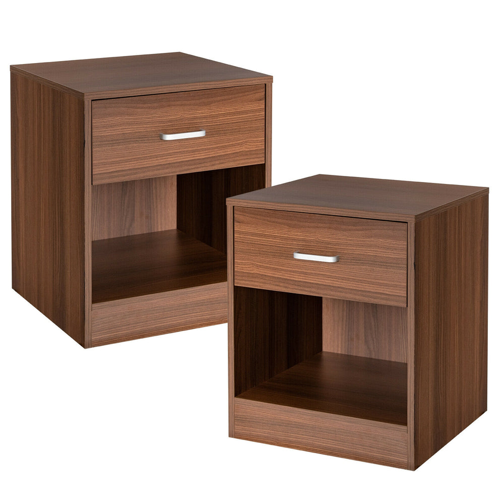 Set of two brown nightstands featuring a storage drawer and open compartment, ideal for bedside or living room use.