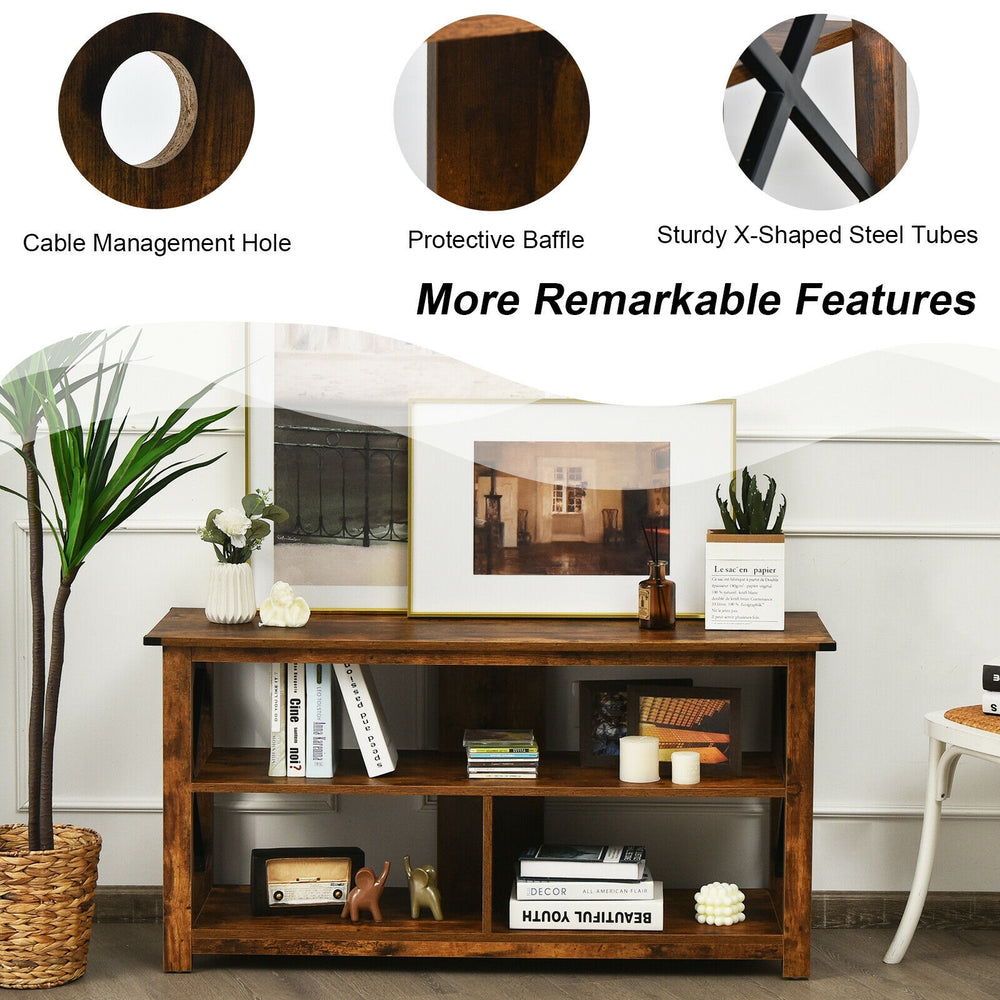 3-tier wood TV stand in brown with open shelves, X-shaped frame, and cable management hole for organized storage.
