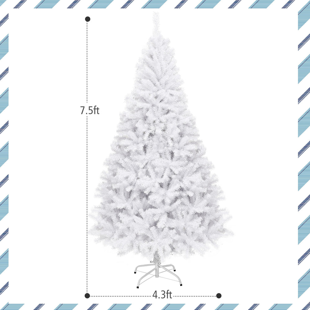 7.5 ft hinged artificial Christmas tree with thick PVC branches and sturdy metal stand, perfect for festive home.