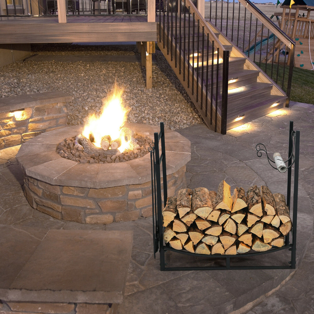30-inch firewood rack with kindling holders and tools, ideal for organized indoor and outdoor firewood storage.