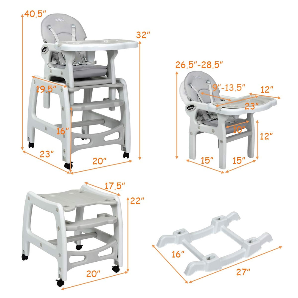 3-in-1 baby high chair in gray with adjustable trays and lockable wheels, perfect for ages 6 months to 8 years.
