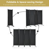 4-panel black room divider with a sturdy steel frame, foldable design for easy storage, ideal for indoor and outdoor.