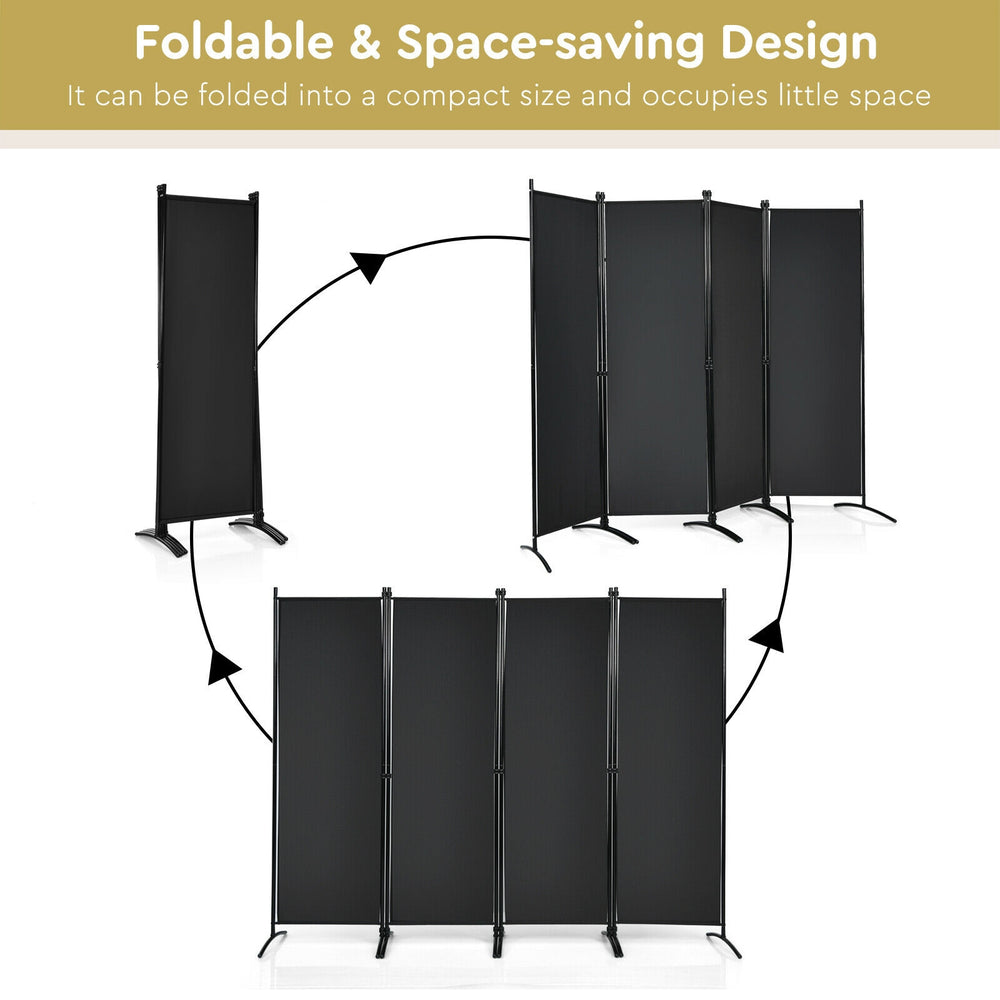 4-panel black room divider with a sturdy steel frame, foldable design for easy storage, ideal for indoor and outdoor.
