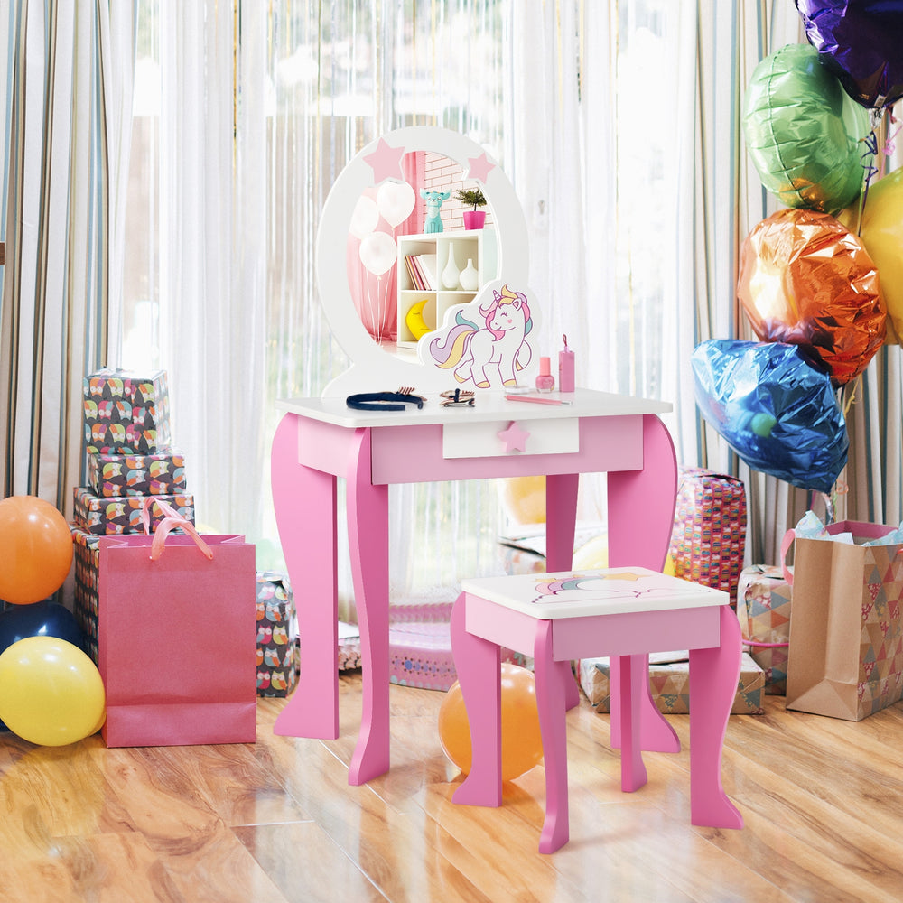 Kids wooden pink makeup dressing table and chair set with mirror, featuring a spacious tabletop and practical drawer.