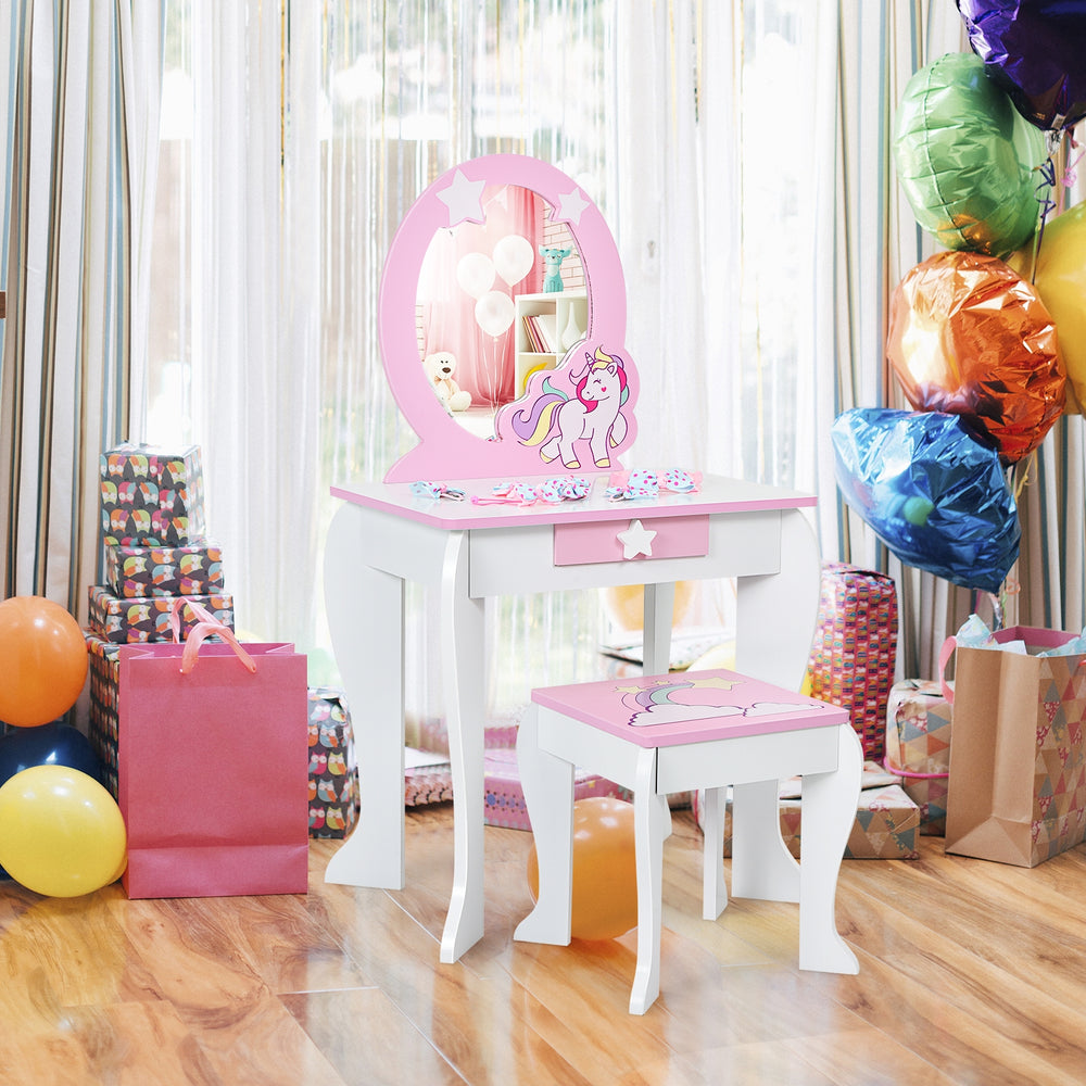 Kids Wooden Makeup Dressing Table and Chair Set with Mirror and Drawer-White - Gallery View 1 of 12