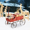 Red wooden wagon plant bed with wheels, featuring two planting sections, perfect for garden or yard decoration.