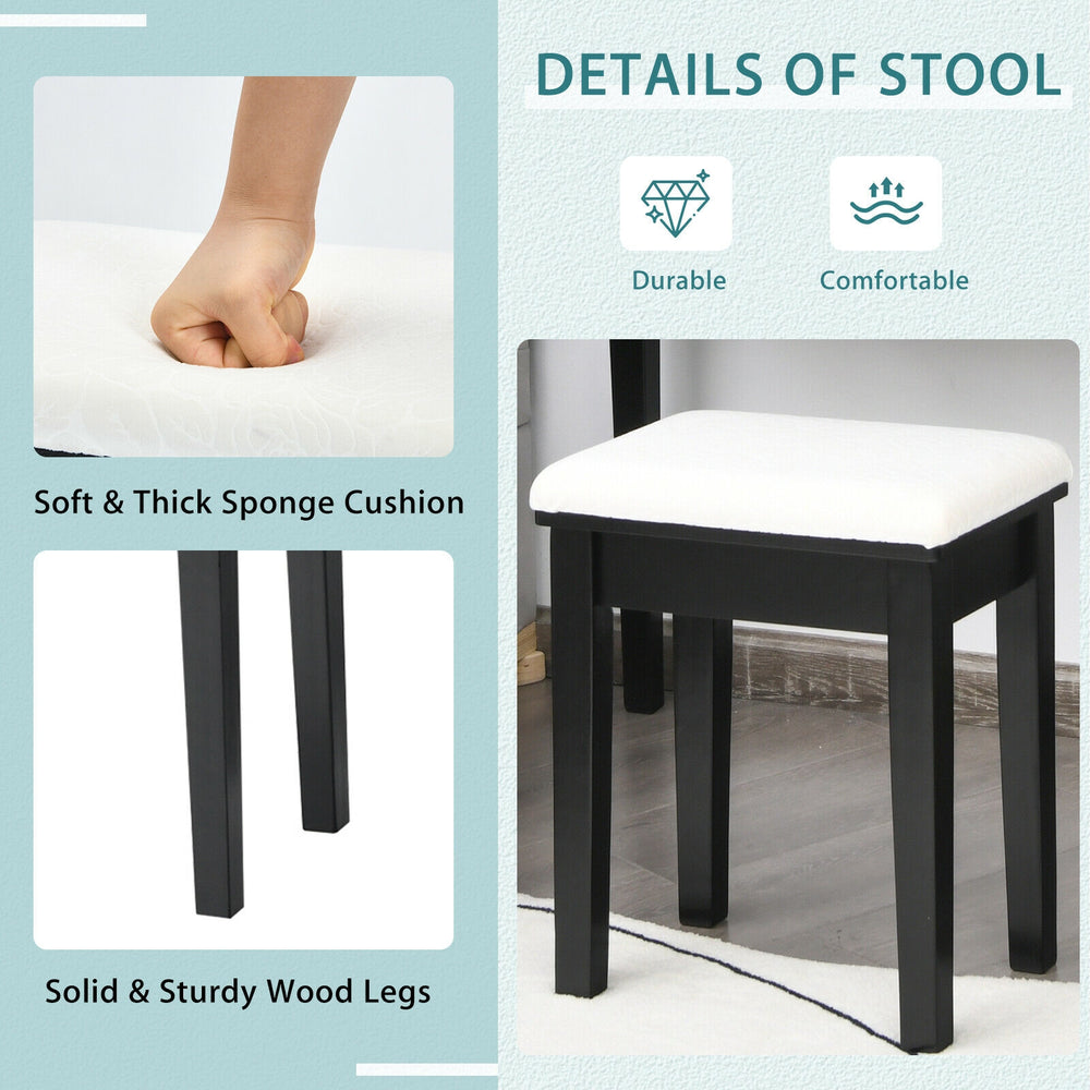 Padded stool with solid wood legs and soft cushion, designed for comfort in front of the vanity table set.