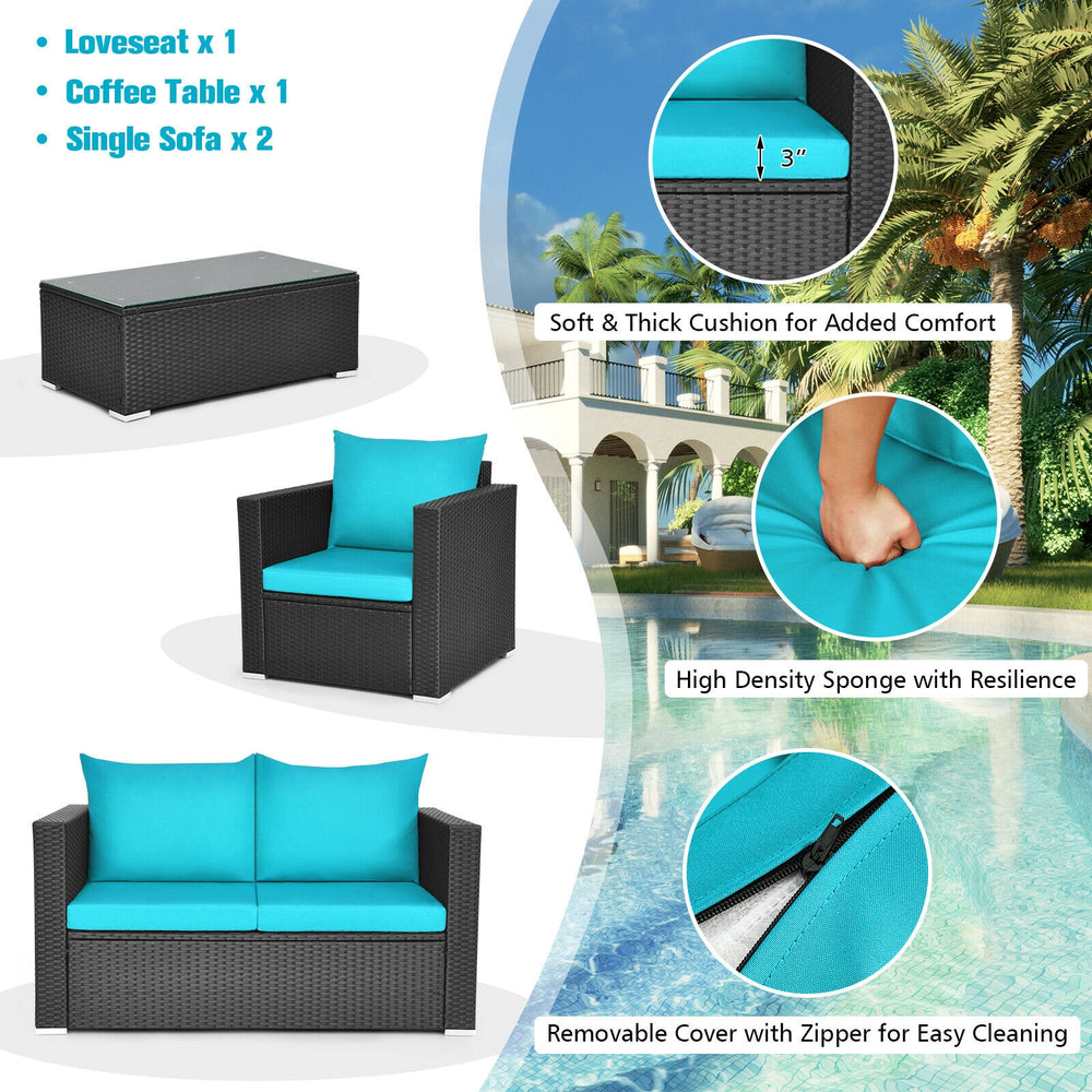 Turquoise cushioned loveseat and single sofa with PE rattan frame, ideal for outdoor patio relaxation.
