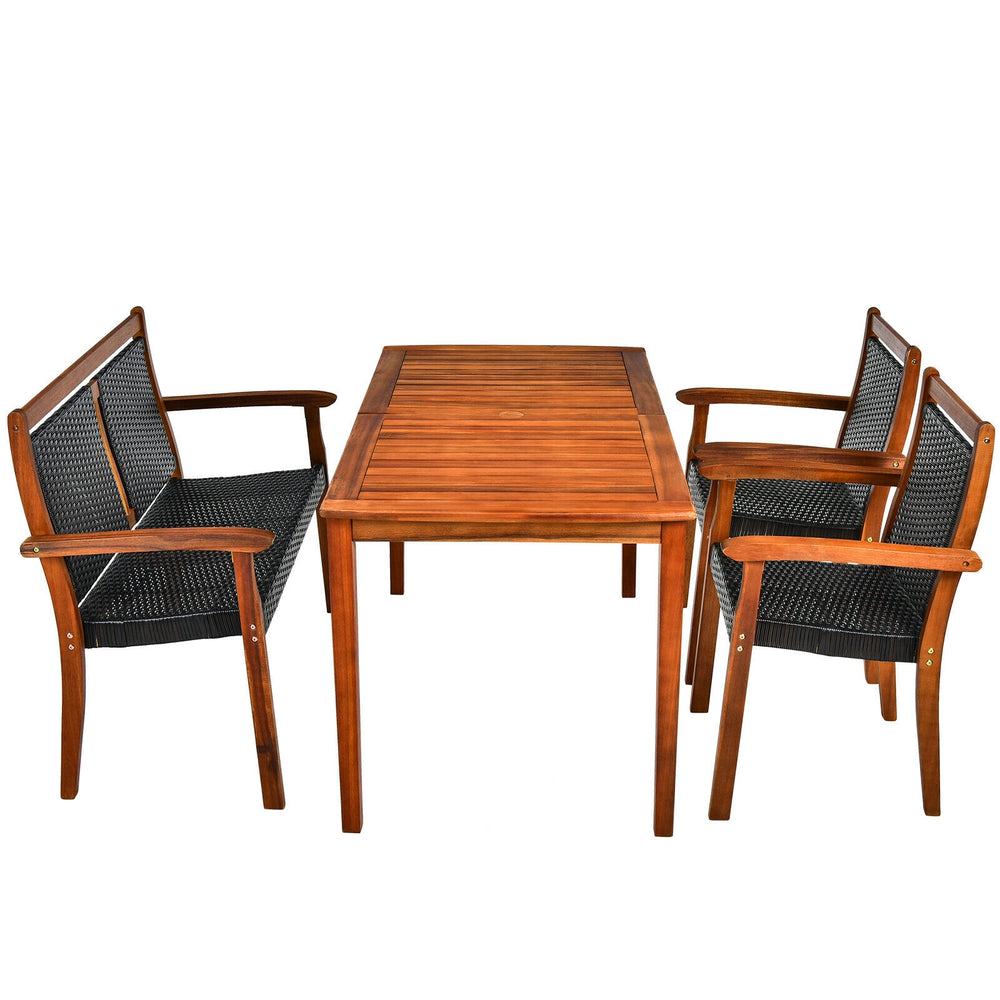 4-piece acacia wood patio dining set with rattan chairs, featuring a large tabletop and space-saving design for outdoor.