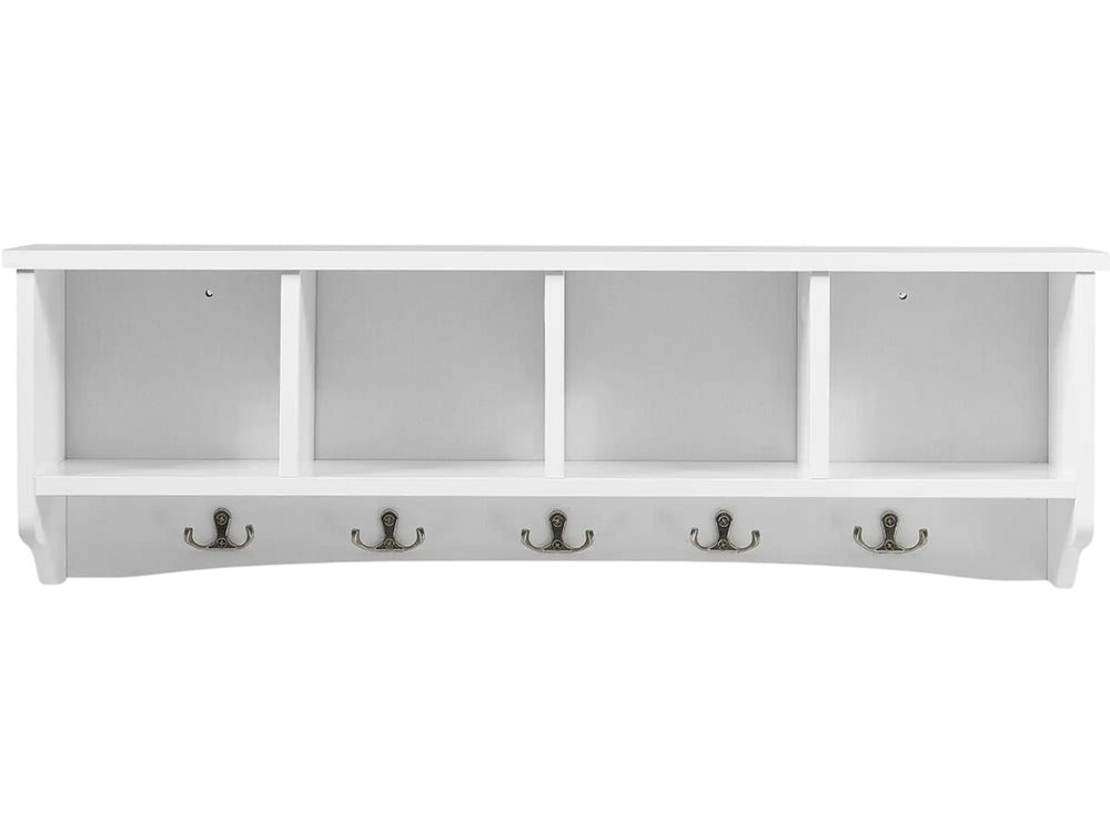 Wall-mounted entryway shelf featuring a sturdy design with five hooks and four storage compartments for efficient use.