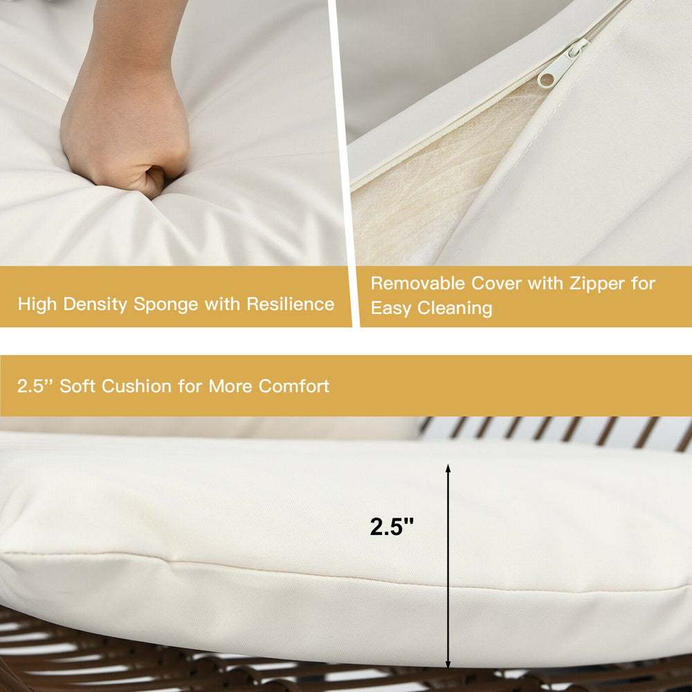 Close-up of a 2.5” soft cushion with removable cover and zipper for easy cleaning on a patio bistro set.