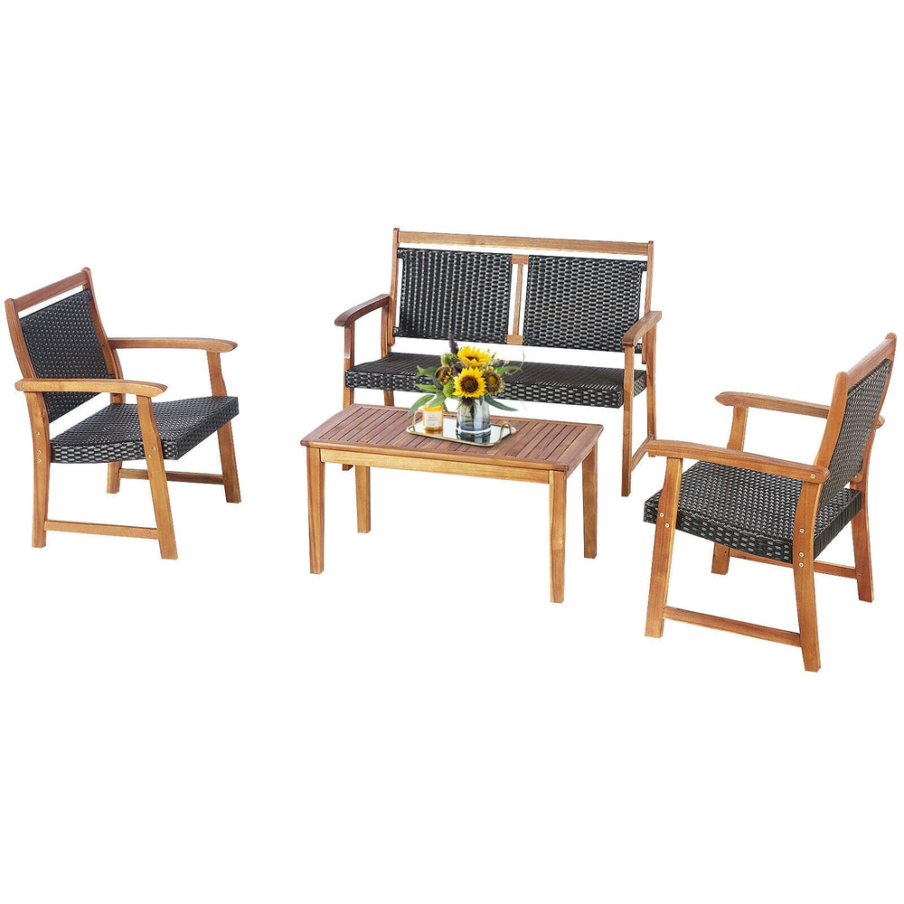 4-piece outdoor patio rattan furniture set with acacia wood frame, ideal for garden relaxation and gatherings.