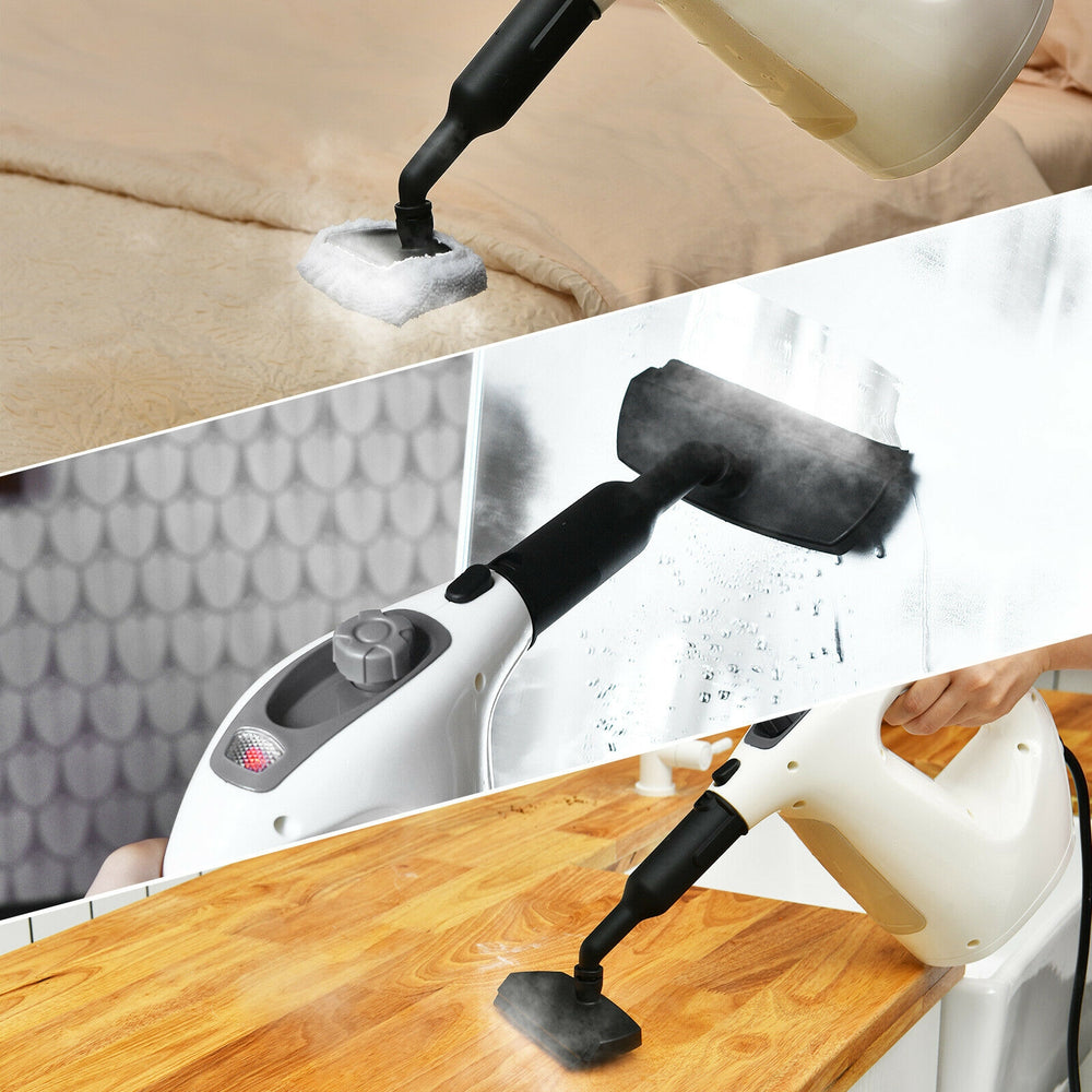Multipurpose 1400W steam cleaner with accessories, shown in use on various surfaces for efficient, chemical-free.