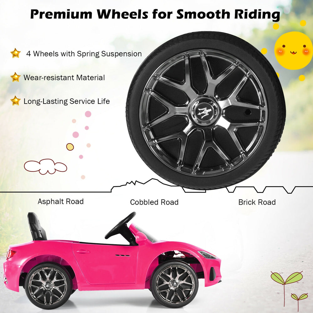 Close-up of the premium wheel of a pink 12V kids ride-on car, featuring wear-resistant material for smooth riding.