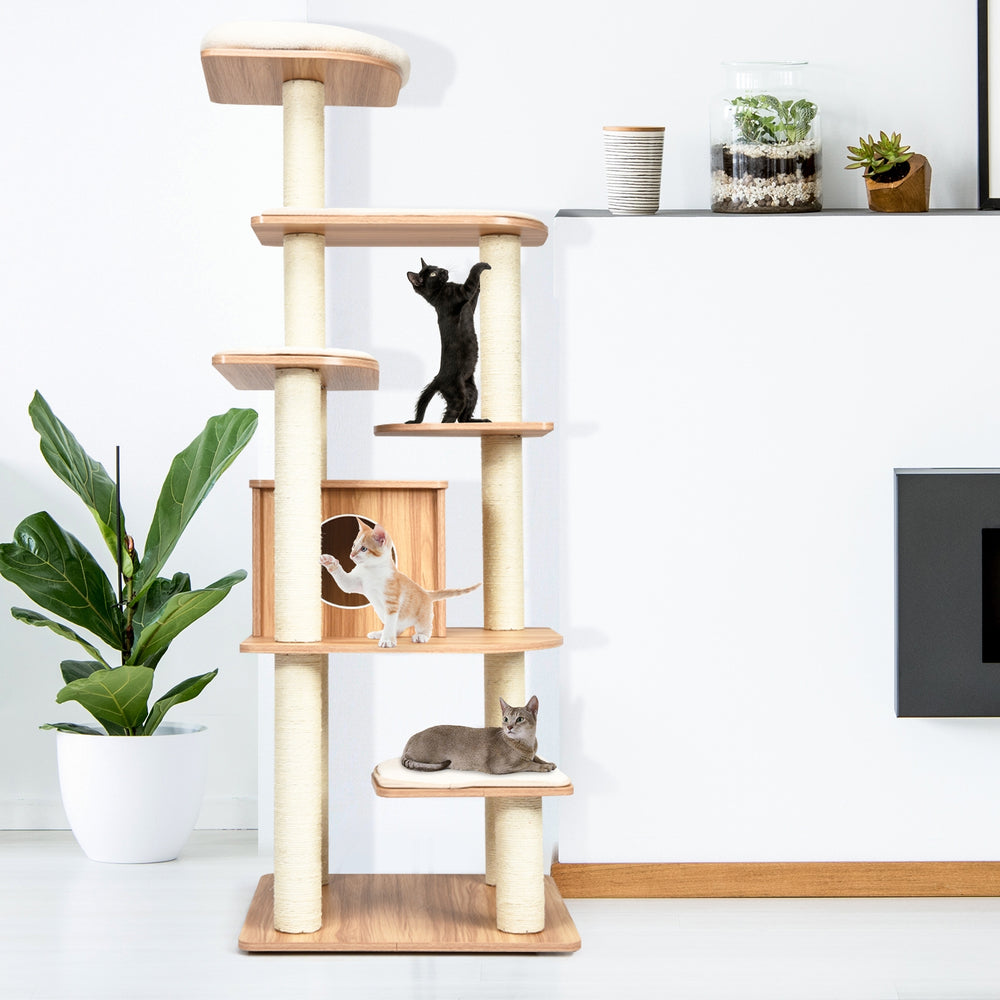 Tall 7-layer wooden cat tree with sisal posts, featuring multiple platforms for climbing and play, perfect for home.