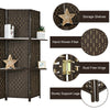 6-panel folding room divider in brown with hand-woven fiber, featuring 2 display shelves for versatile home decor.