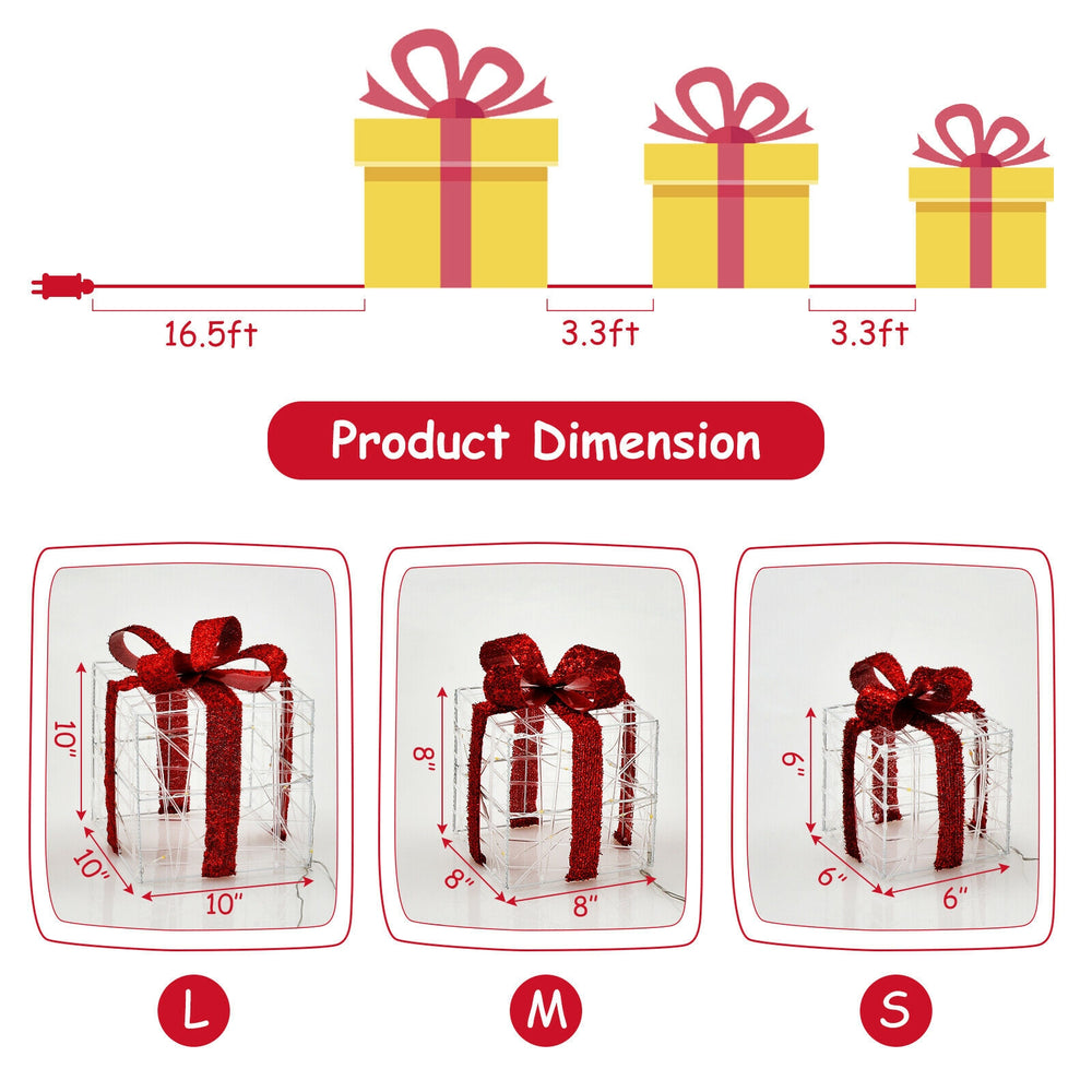 Three lighted gift box decorations in various sizes, featuring 60 LED lights for festive indoor and outdoor use.