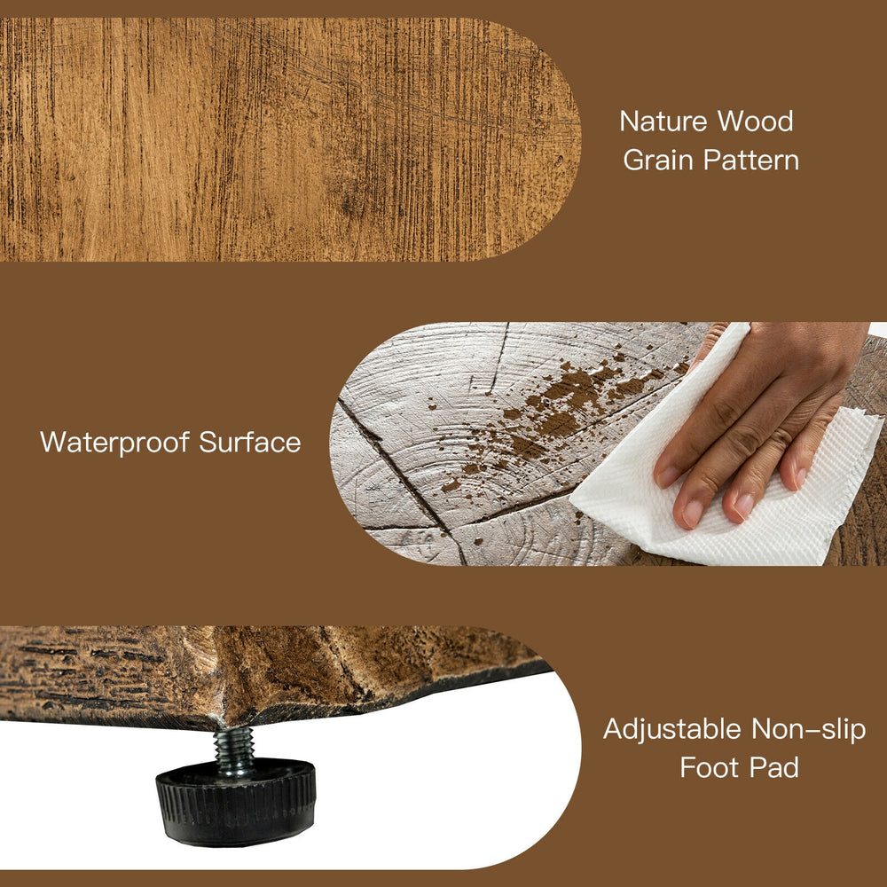 Close-up of the waterproof surface and nature wood grain pattern of the 16" outdoor hideaway table for propane tank.