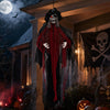 9.4 ft animated undead pirate decoration with tattered robes, flashing red eyes, and poseable arms for Halloween scares.