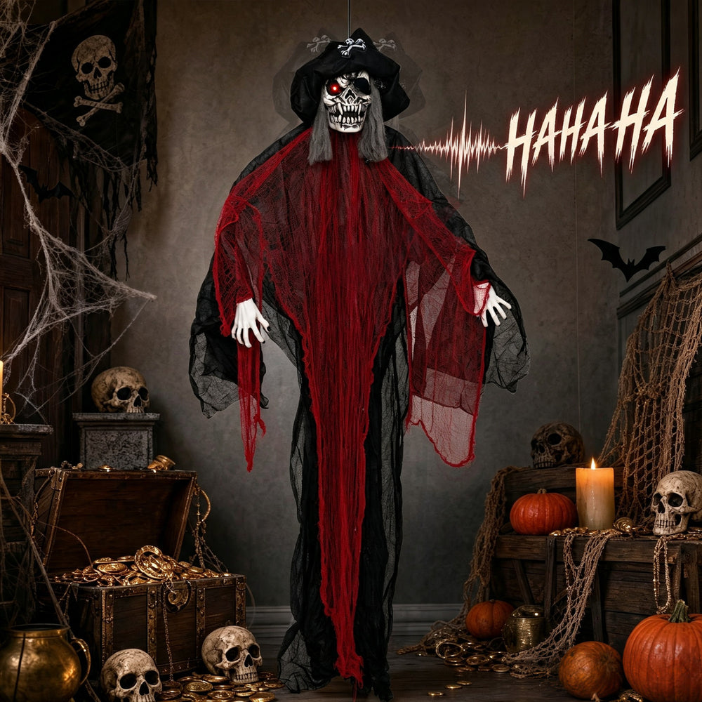 9.4 ft animated undead pirate decoration features tattered robes, flashing red eyes, and sways with haunting laughs for Halloween.