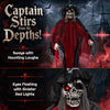 Animated 9.4 ft undead pirate decoration sways with laughter and features flashing red eyes for a chilling Halloween effect.