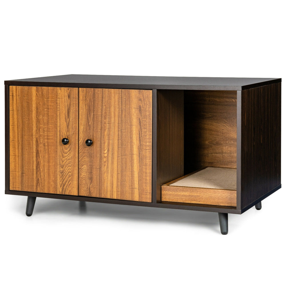 Cat litter box enclosure with double doors in coffee color, featuring a divider and scratching pad for feline comfort.