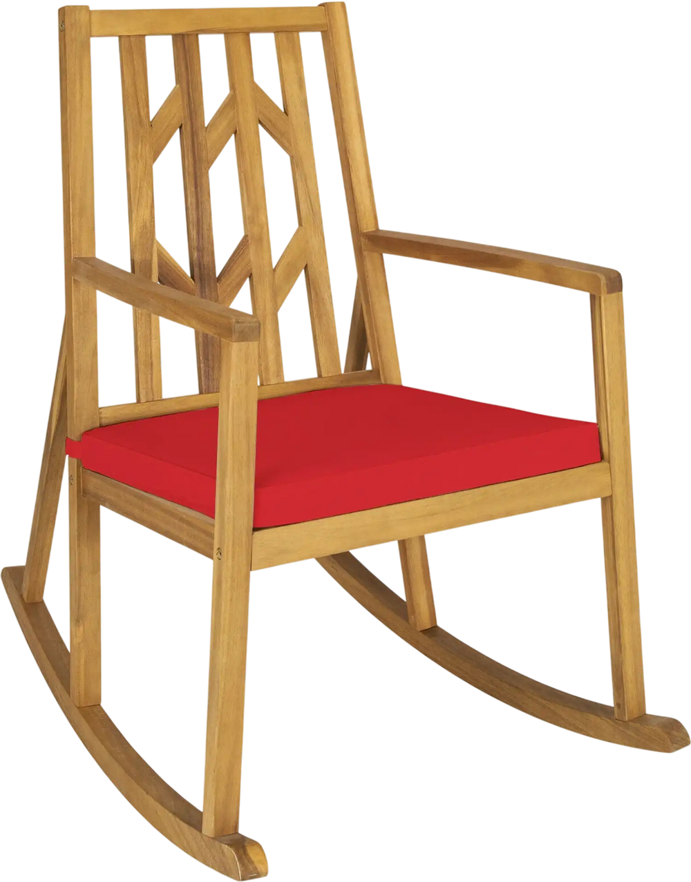 Stylish acacia wood rocking chair with removable red cushion, ideal for comfortable outdoor lounging on the patio.