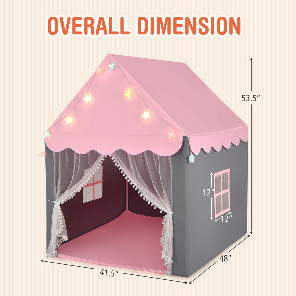 Kids playhouse tent in pink with star lights, mesh windows, and a comfortable mat for indoor fun and playtime.