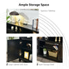 Spacious 59-inch black TV stand with open shelf and two cabinets, perfect for living room storage and organization.