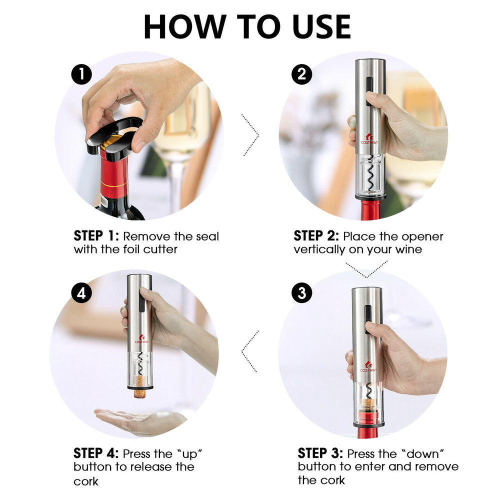 Electric wine bottle opener set demonstrating usage steps, featuring stainless steel design and foil cutter for easy.