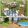5-piece outdoor rattan bistro set with cushions, featuring a sturdy bar table and four chairs for poolside relaxation.