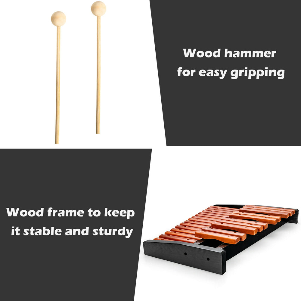 25-note wooden xylophone with hardwood keys and pine base, includes 2 mallets for easy gripping and stability.