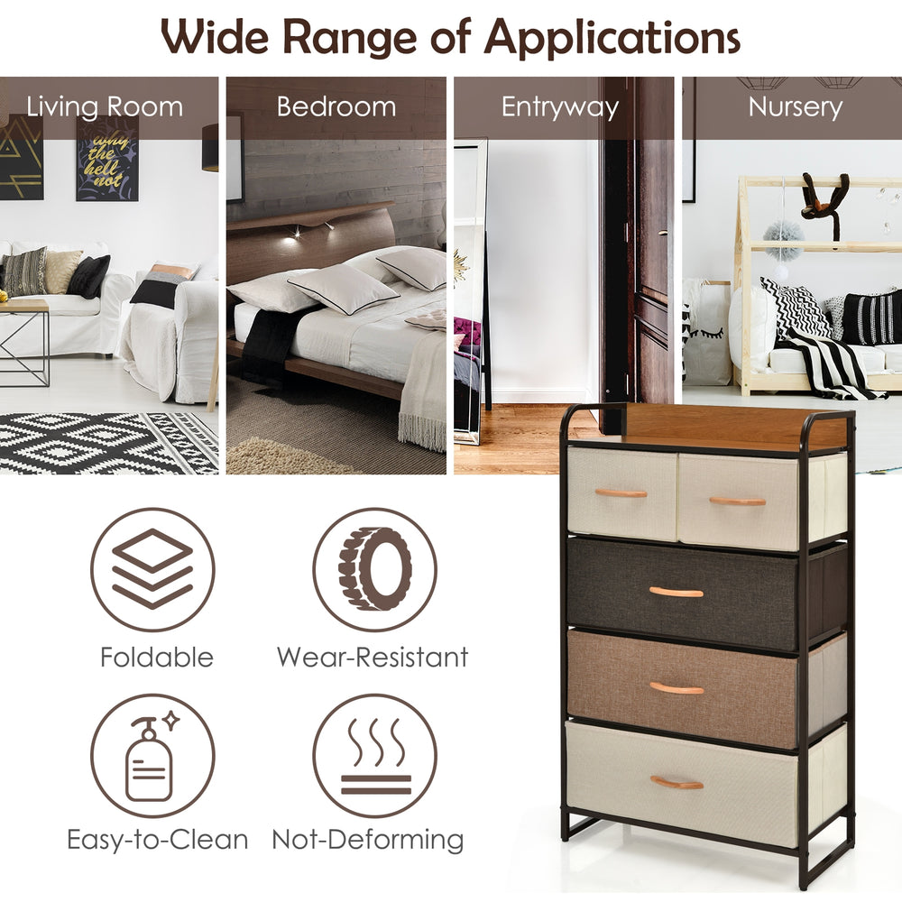 4-tier organizer tower with 5 fabric drawers and wooden top, ideal for living room, bedroom, or nursery storage.