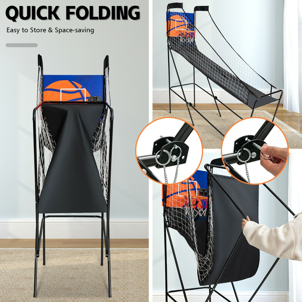 Foldable single shot basketball arcade game with electronic scorer, featuring a durable steel frame and polyester mesh.