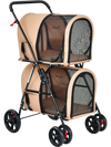 Double pet stroller in beige with detachable carriers, made of oxford cloth, ideal for travel and outdoor use.