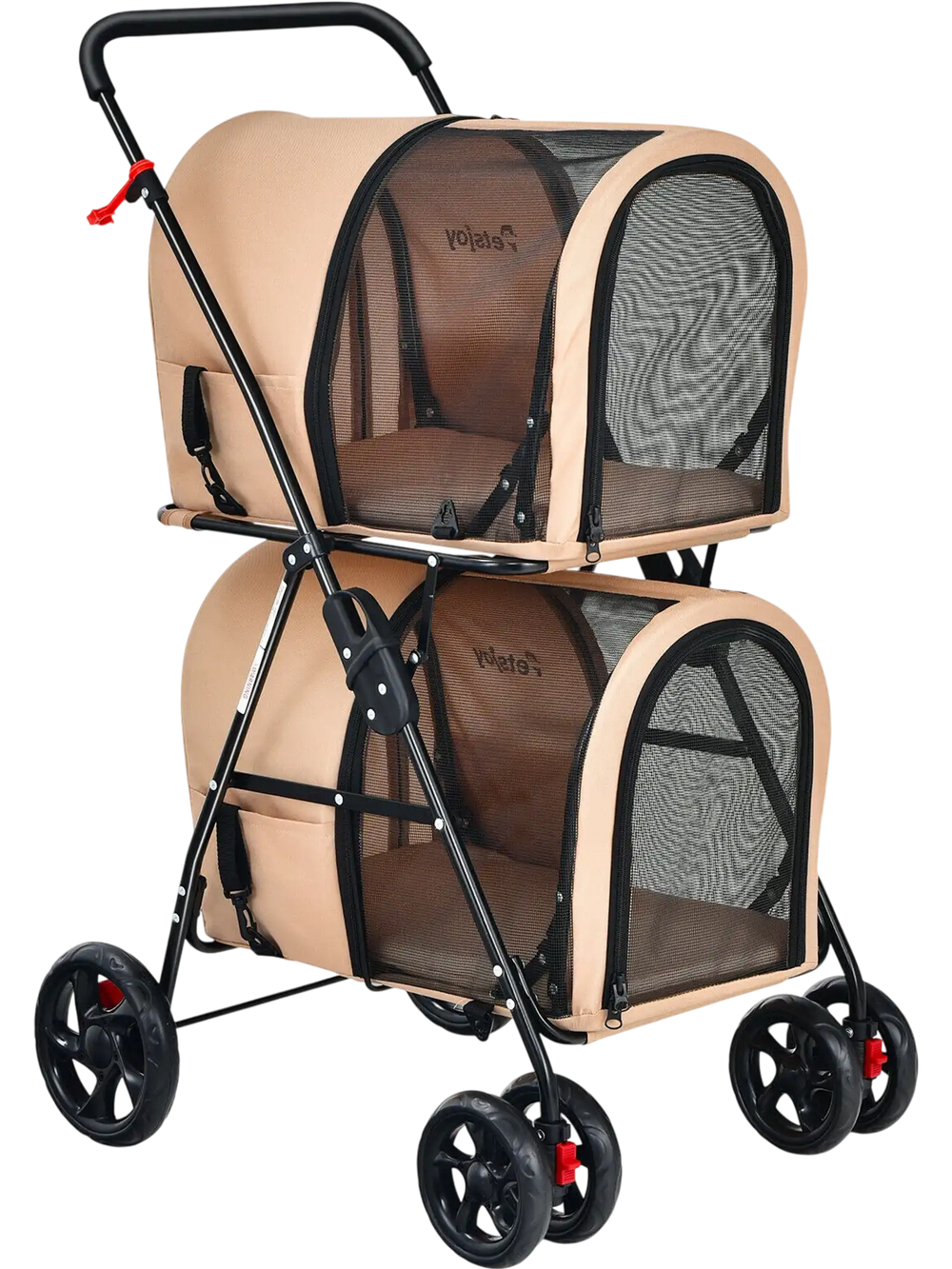 Double pet stroller in beige with detachable carriers, made of oxford cloth, ideal for travel and outdoor use.