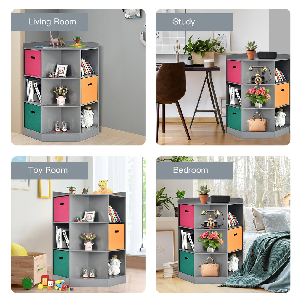 3-tier gray kids storage shelf corner cabinet with 3 colorful baskets, ideal for organizing toys and books in any room.