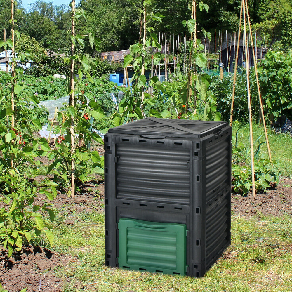 80-gallon outdoor composter with large openable lid and bottom exit door, ideal for garden composting and fertilizer.